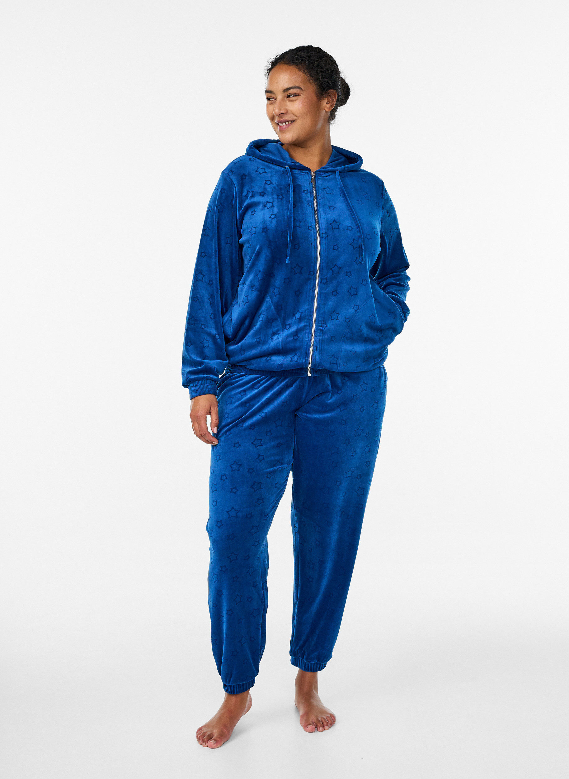 Zizzi Velours vest met capuchon en zakken, Blauw, Model image number 1