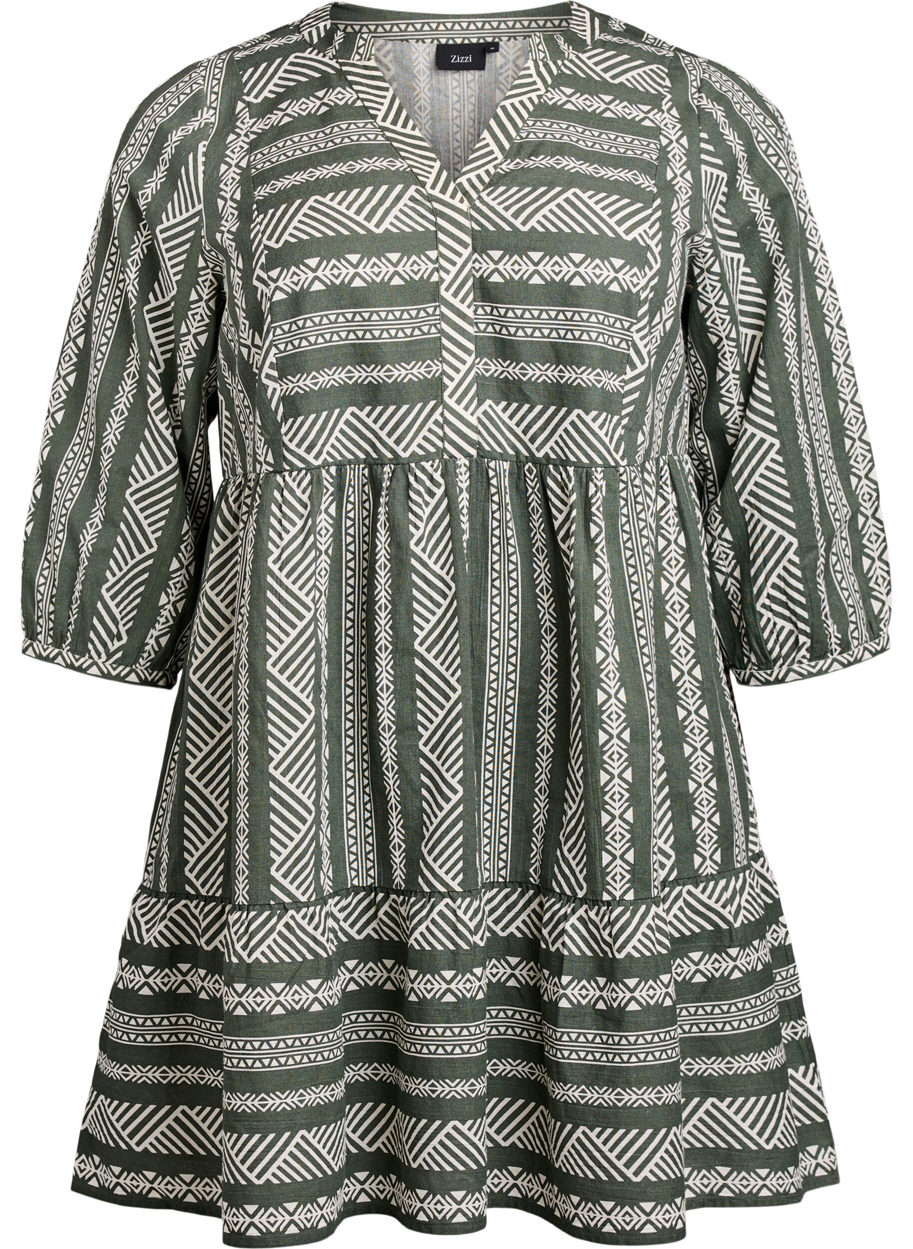 Zizzi Jurk met grafische print en 3/4 mouwen, Groen, Packshot image number 0
