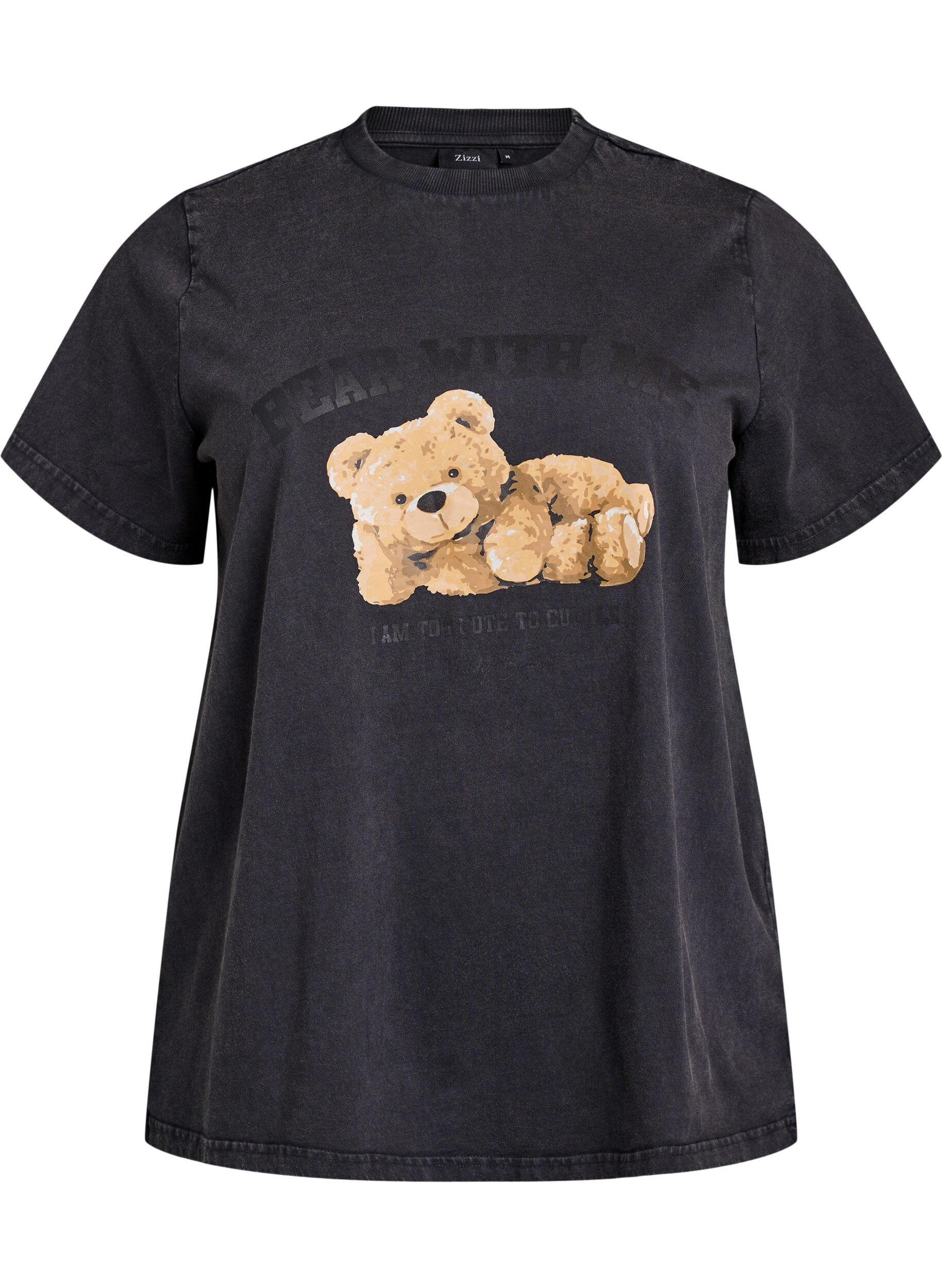 Zizzi T-shirt met teddybeerprint en gewassen look, Grijs, Packshot image number 0