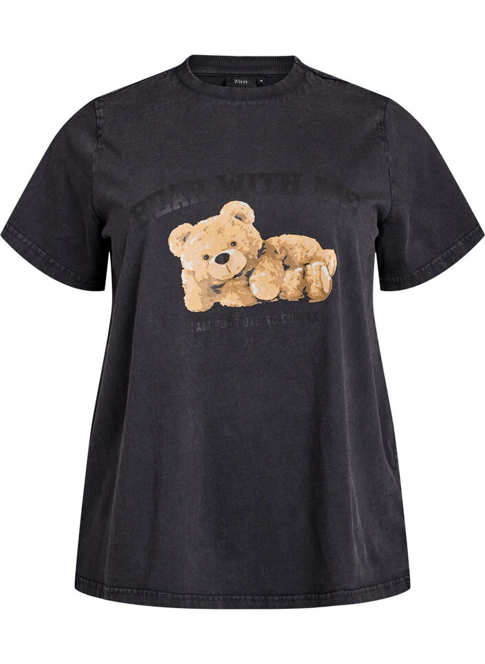 T-shirt met teddybeerprint en gewassen look, Grijs, Packshot image number 0