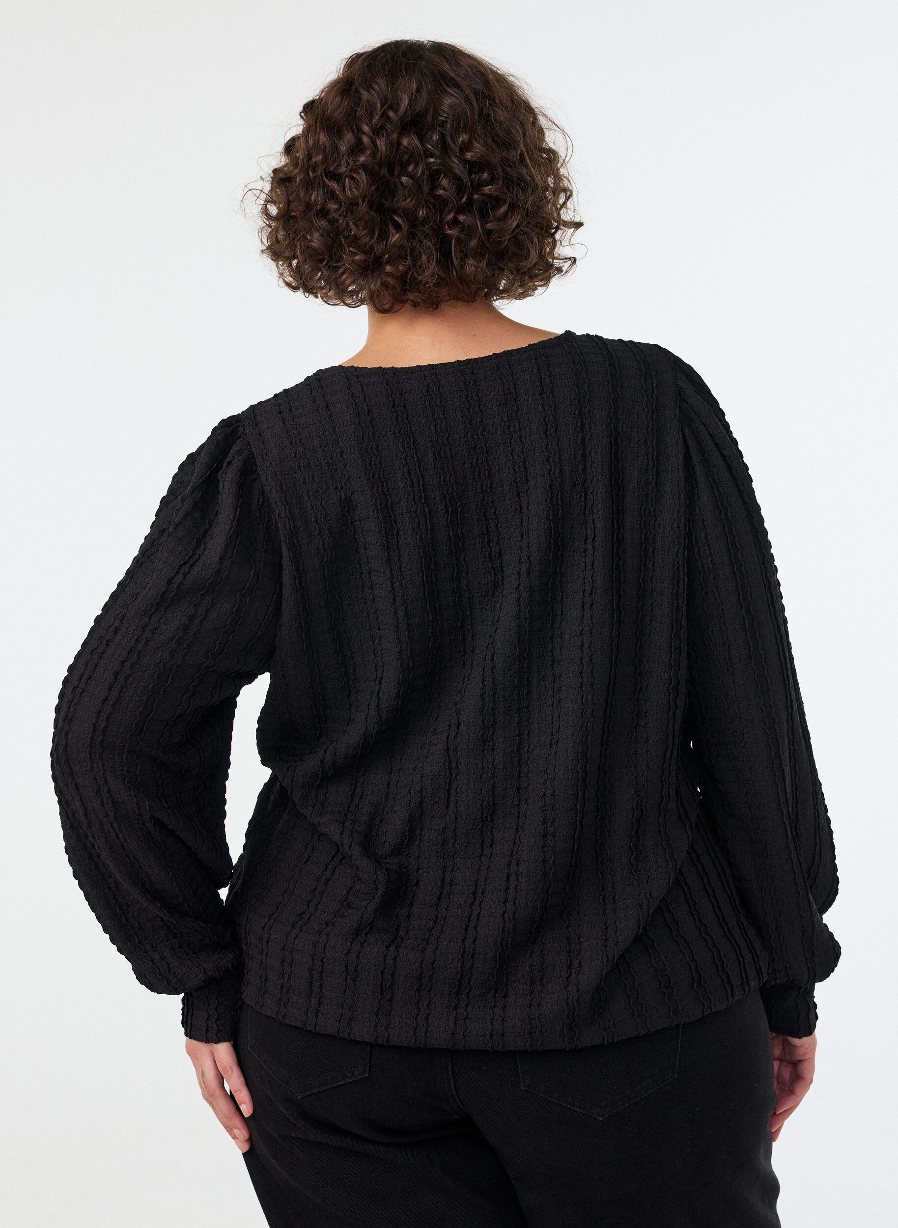 ZizziJersey blouse met structuur en ballonsilhouet, Zwart, Model image number 2
