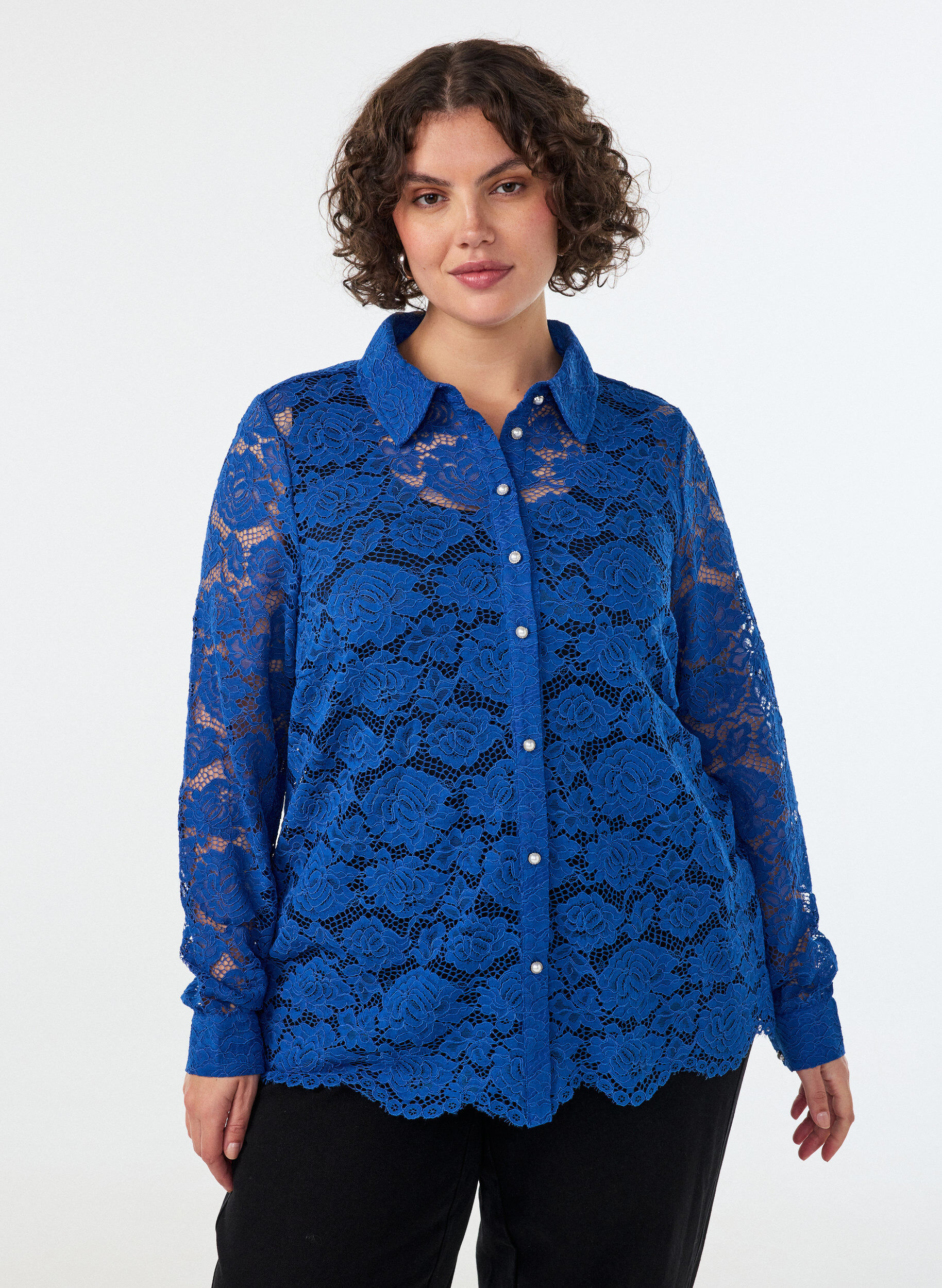 ZizziKanten shirt met parelknopen, Blauw, Model image number 0