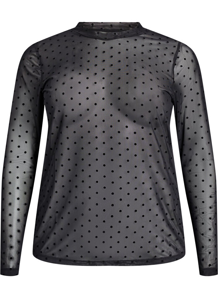 Mesh blouse met stippen, Zwart, Packshot image number 0