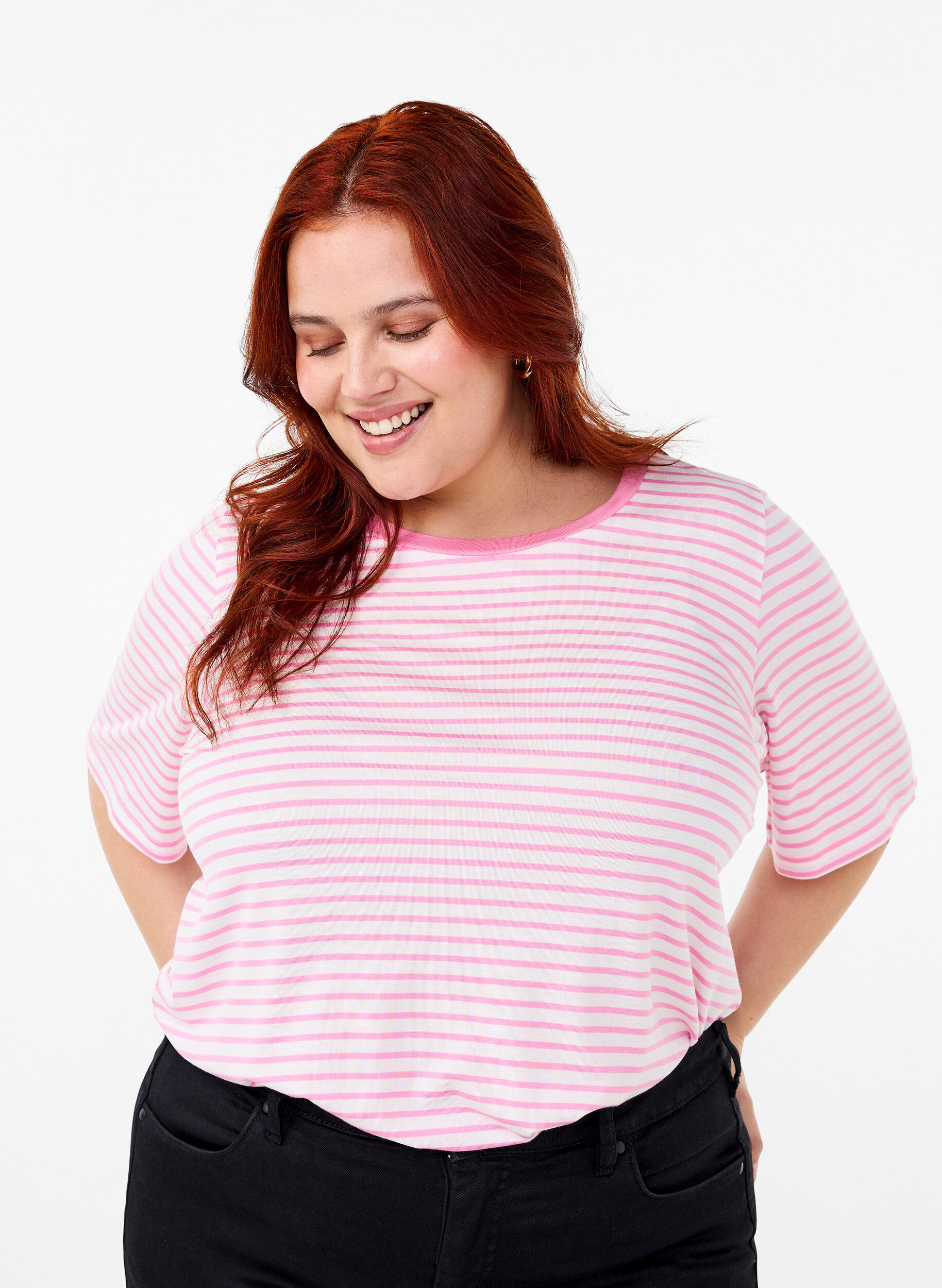 Zizzi Gestreept T-shirt van lyocell met ronde hals, Rood, Model image number 0