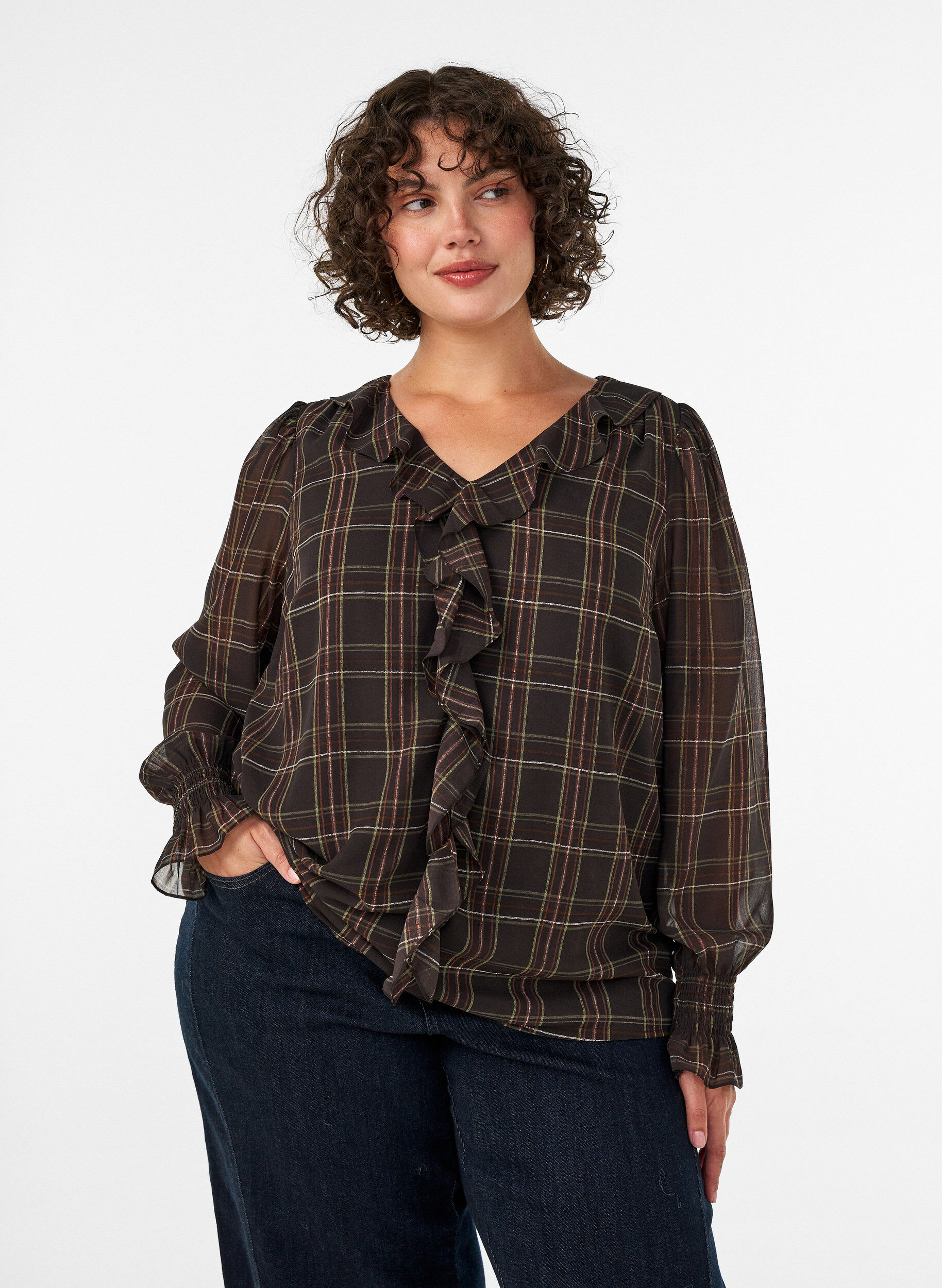 Blouse met ruit en ruches details, Groen, Model