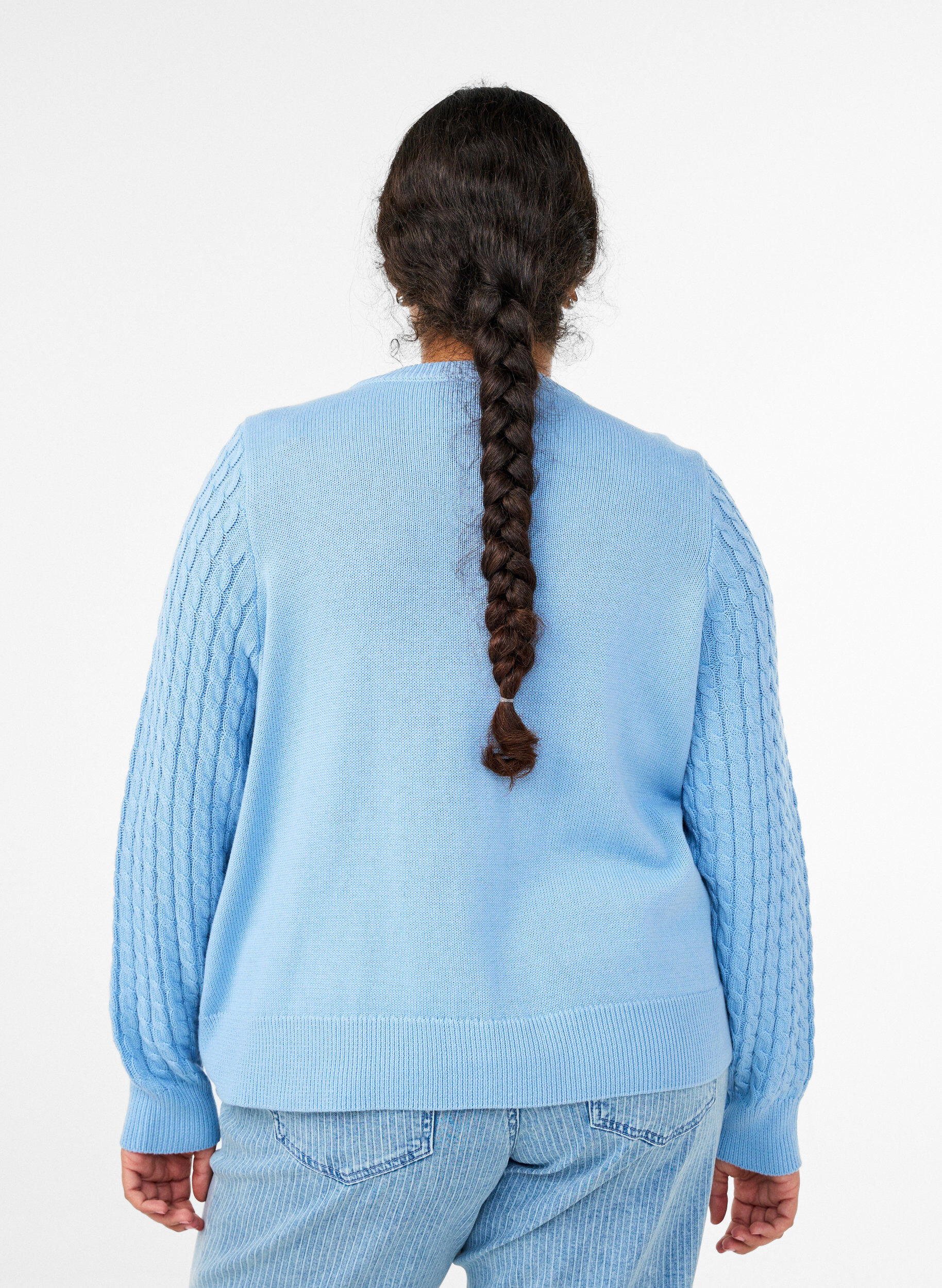 ZizziKabelgebreid vest met gouden knopen, Blauw, Model image number 2