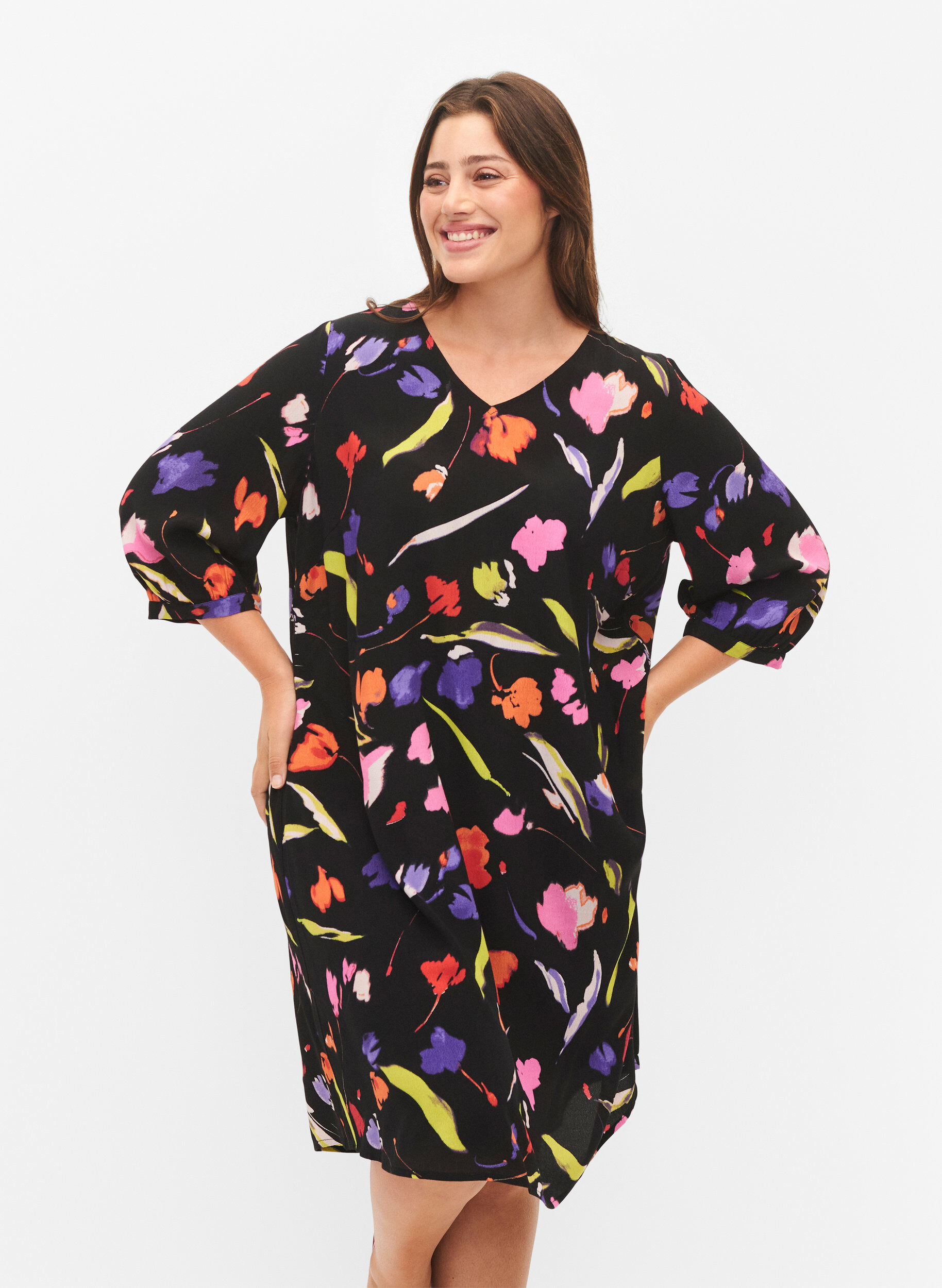 Zizzi Viscose jurk met print en 3/4 mouwen, Faded Tulip AOP, Model image number 0