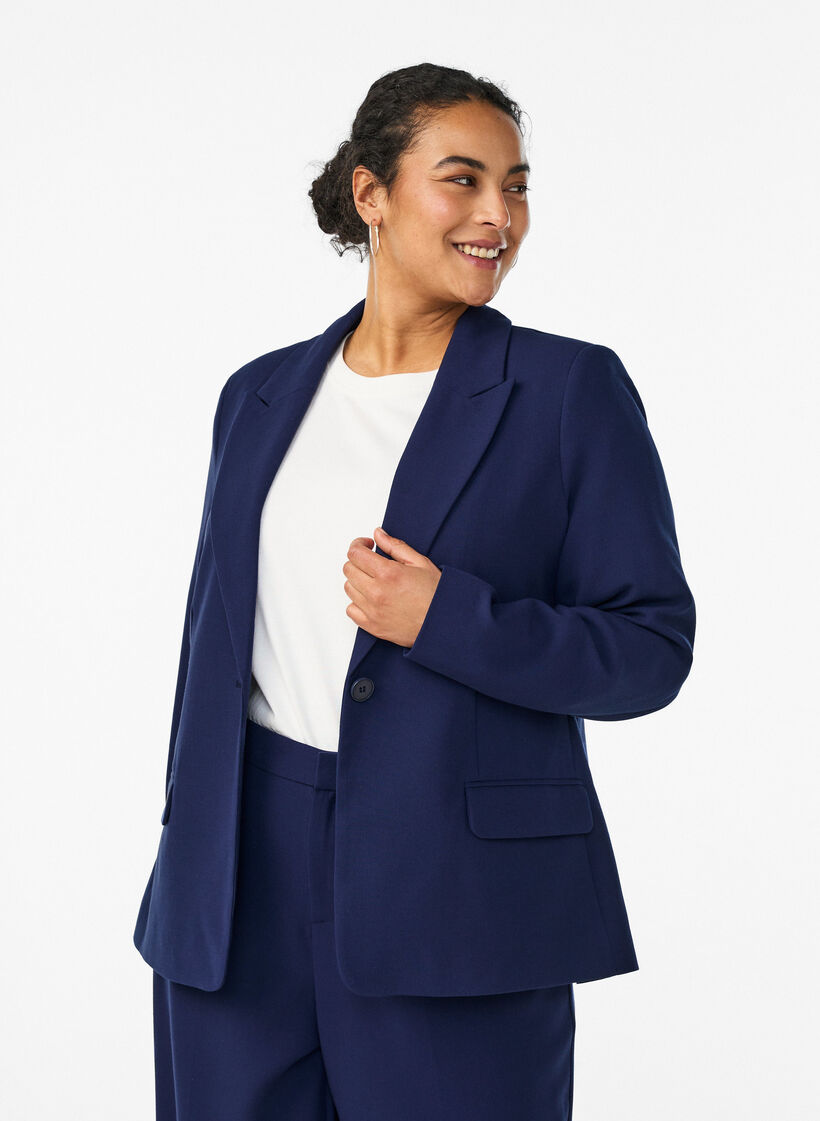 Klassieke blazer met knoopsluiting en zakken, Blauw, Model image number 0