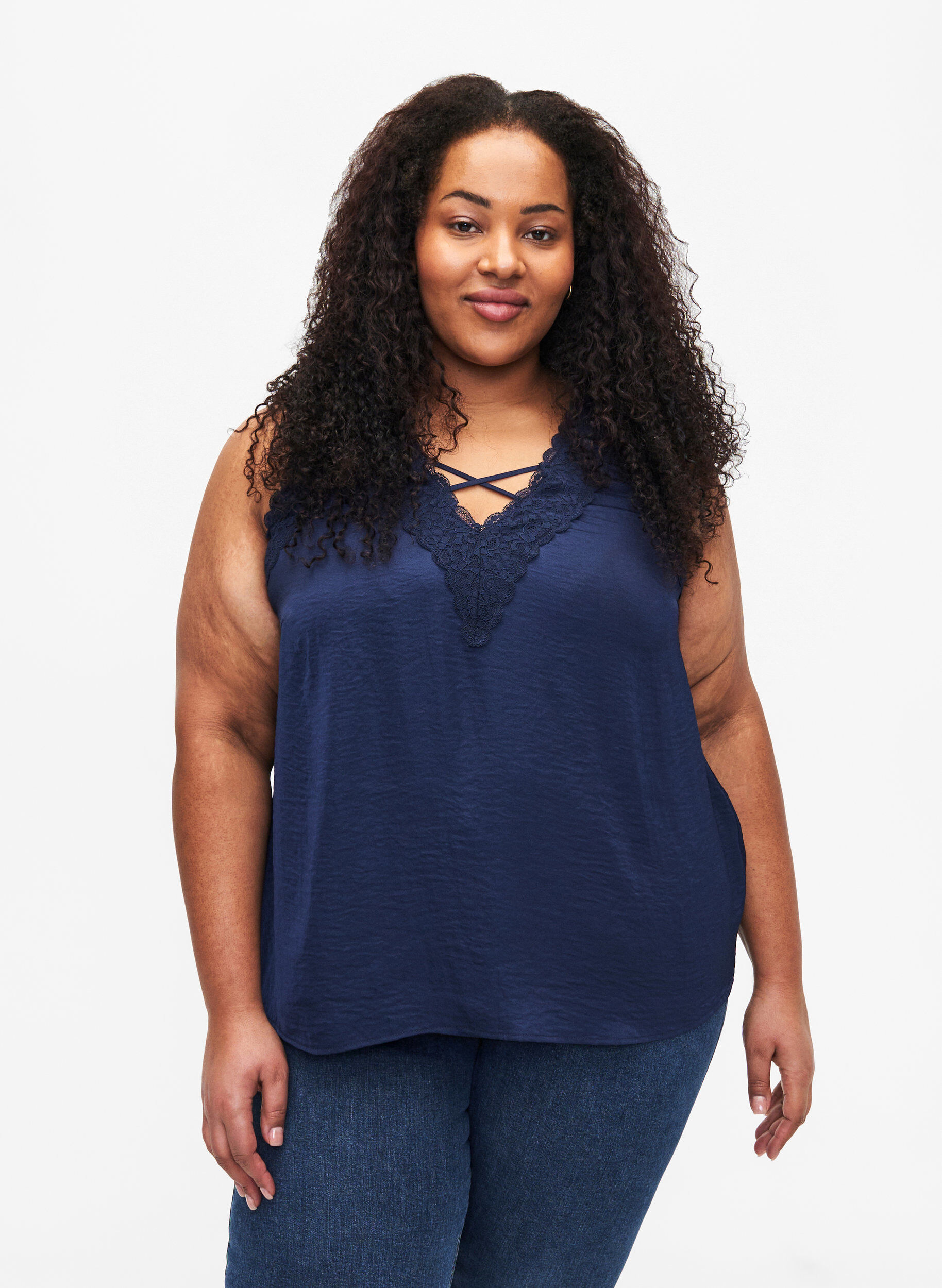 Zizzi Top met kant en gekruist accent, Navy, Model image number 0