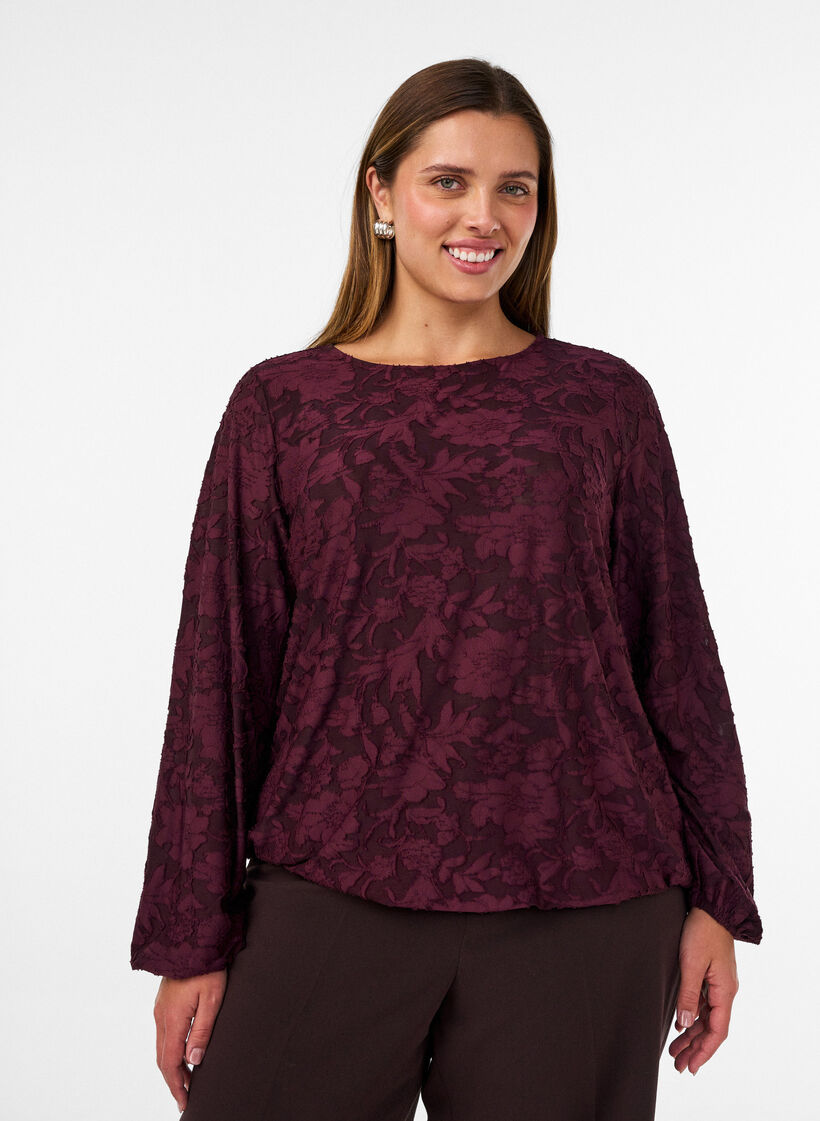 Doorschijnende blouse met bloemenstructuur en lange mouwen, Rood, Model image number 0