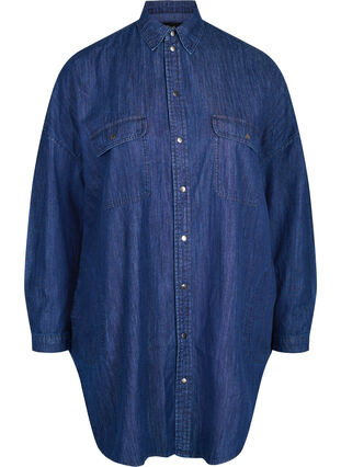 Oversized denim blouse met zakken, Dark blue denim, Packshot image number 0