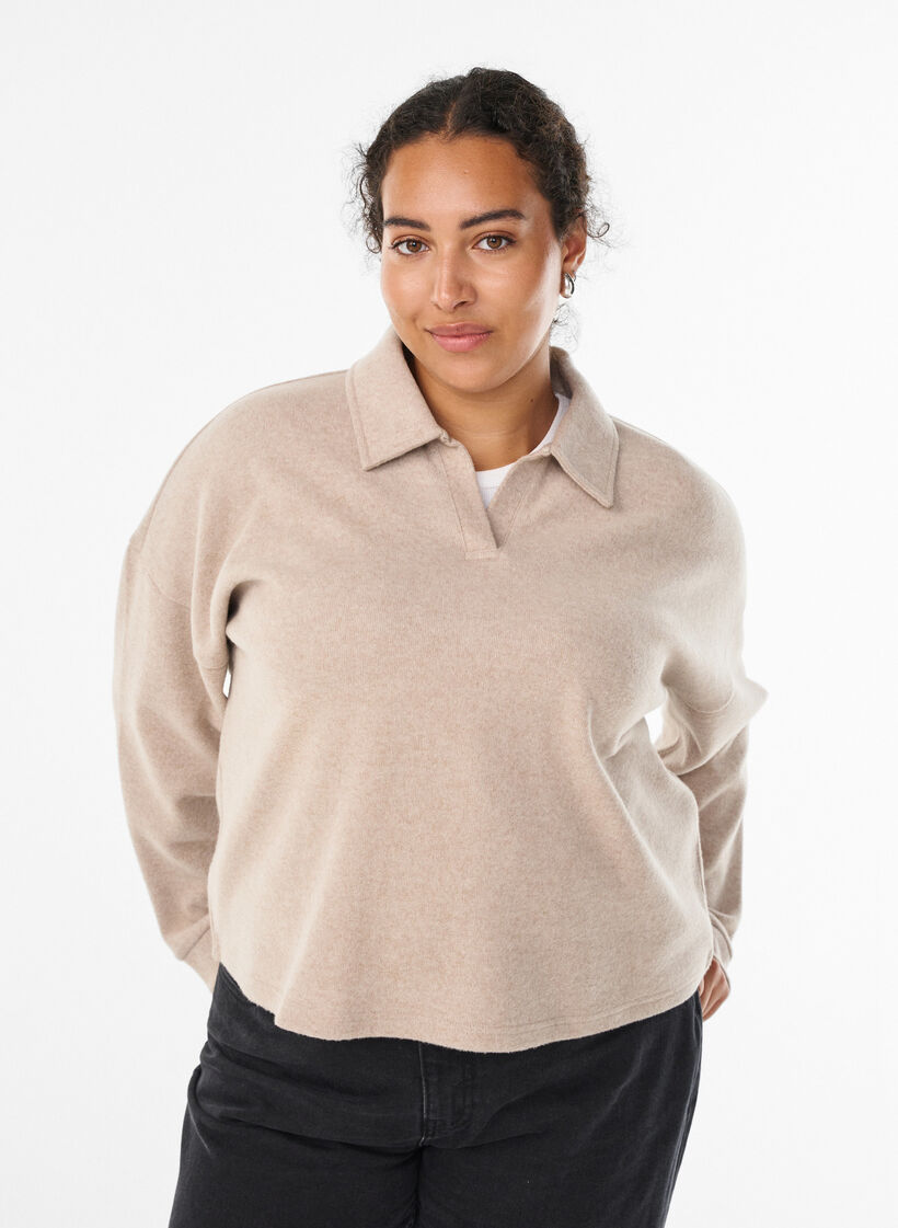Jersey blouse met kraag en V-hals, Beige, Model image number 0