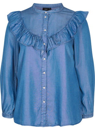 Overhemd met lange mouwen en ruches van lyocell (TENCEL™), Blue denim, Packshot image number 0