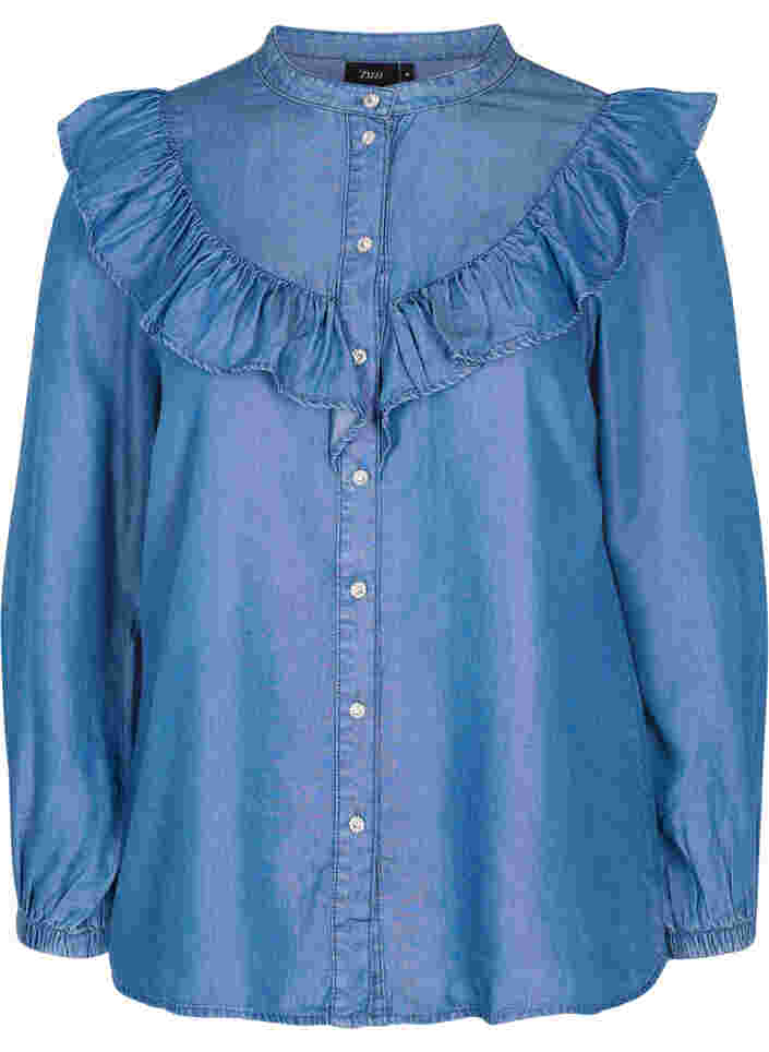 Overhemd met lange mouwen en ruches van lyocell (TENCEL™), Blue denim, Packshot image number 0