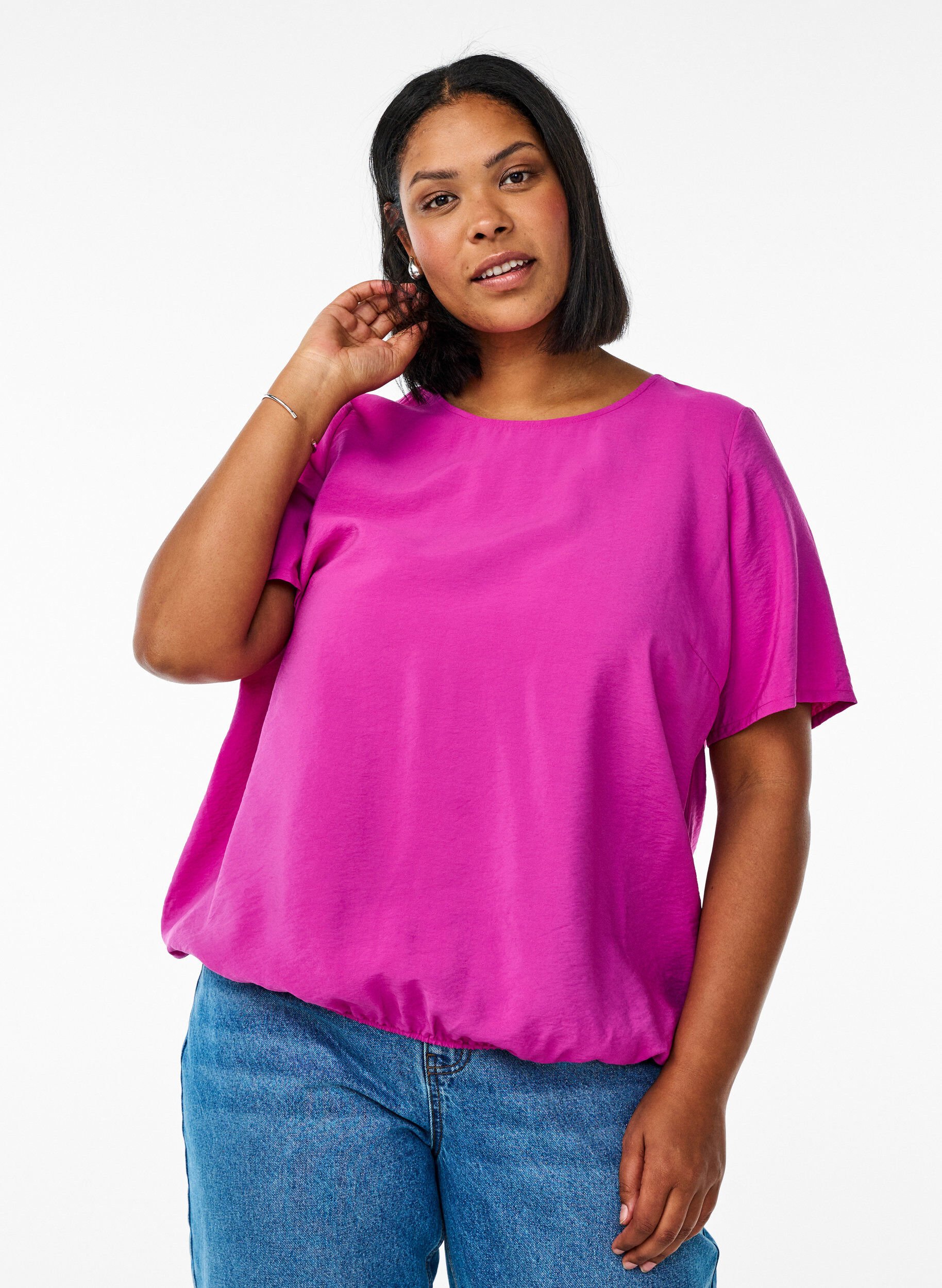 Zizzi Blouse met korte mouwen en elastische zoom, Roze, Model image number 0