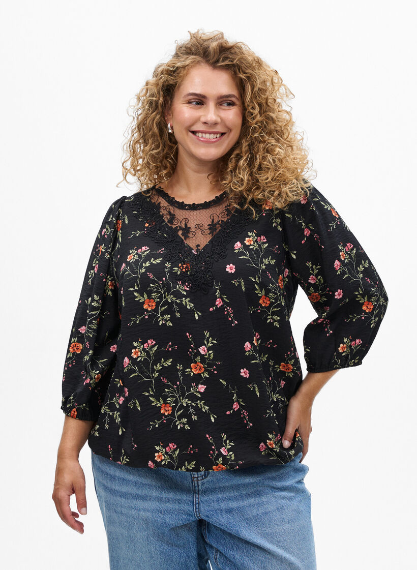 Blouse met 3/4 mouwen en kantdetails, Zwart, Model image number 0