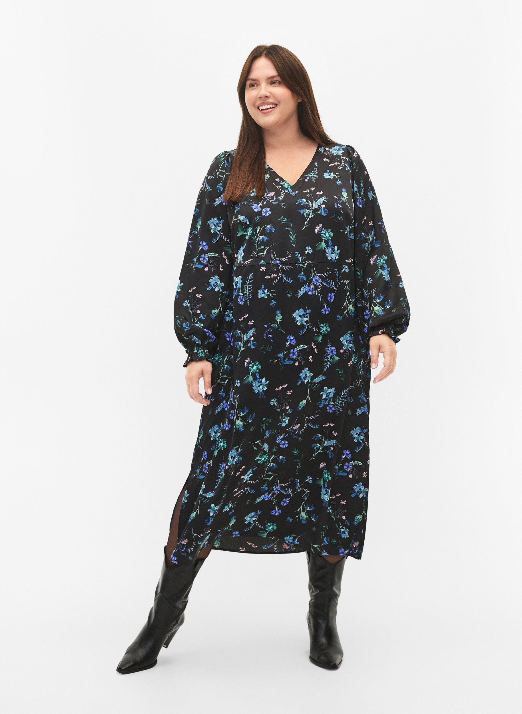 Zizzi Midi-jurk met lange mouwen en bloemenprint, Blue Flower AOP, Model image number 0