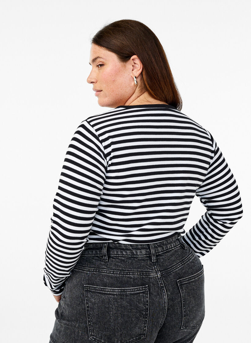 Gestreepte blouse met lange mouwen, Zwart, Model image number 2