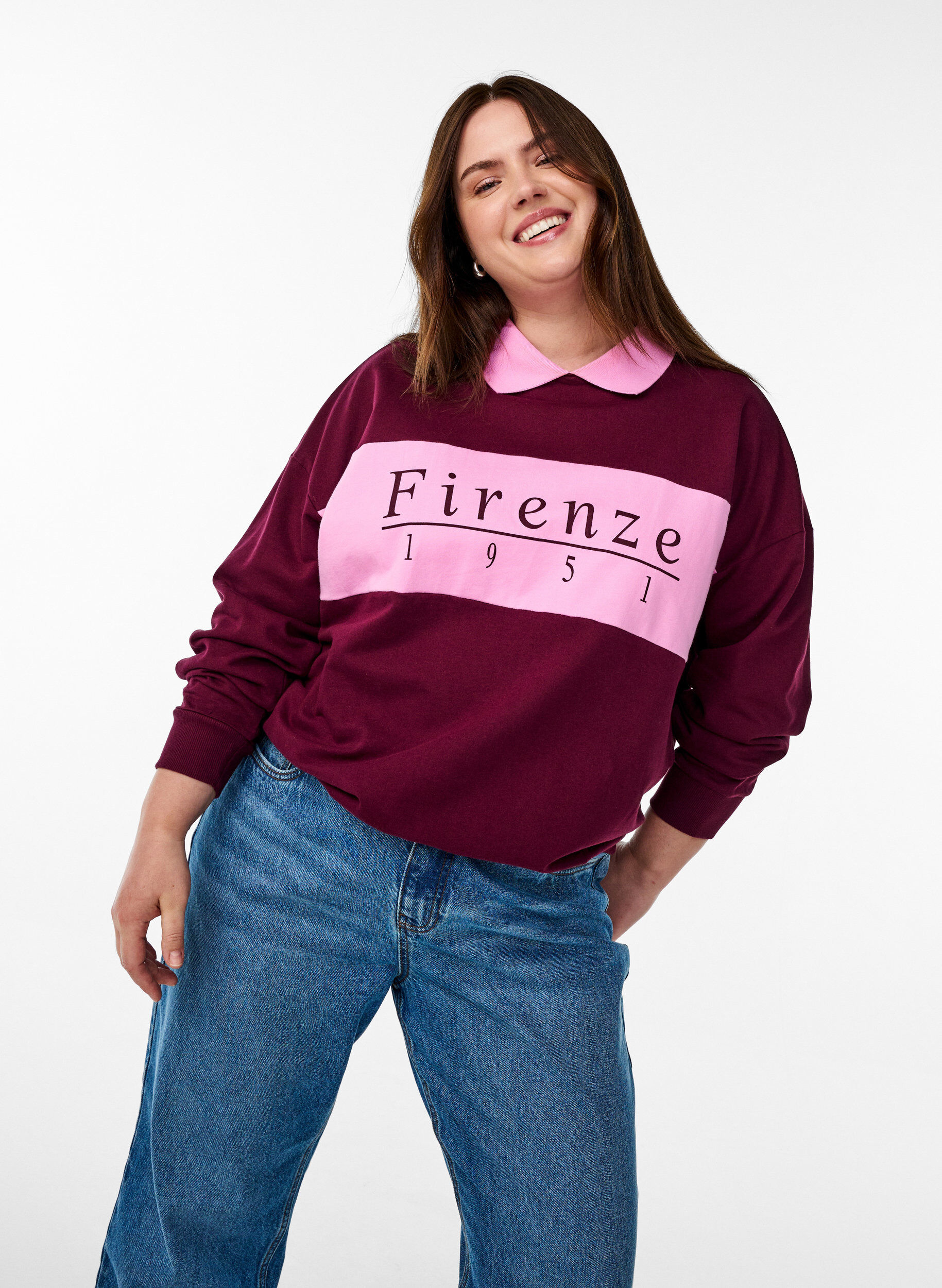 Zizzi Sweatshirt met kraag en contrastprint van biologisch katoen, Donker Bordeaux, Model image number 3