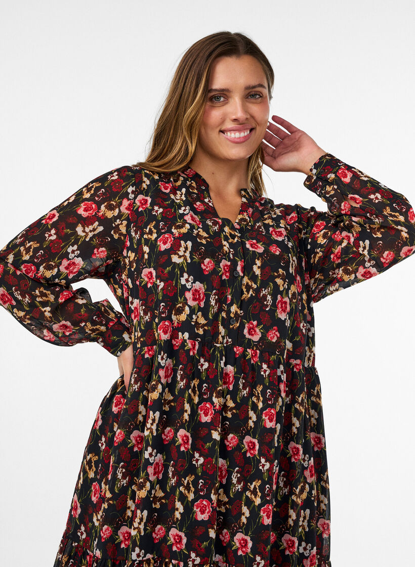 Jurk met all-overprint en een rucheslaag, Zwart, Model image number 2