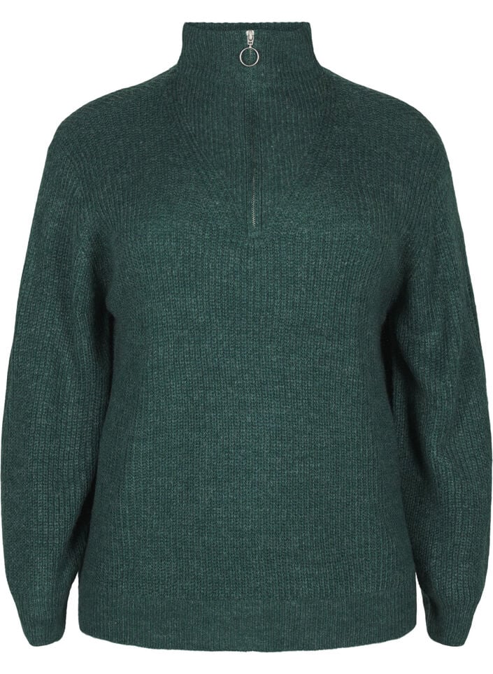Gebreide trui met hoge hals en rits, Groen, Packshot image number 0