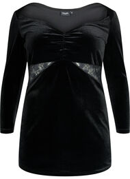 Korte velours jurk met kanten detail, Black
