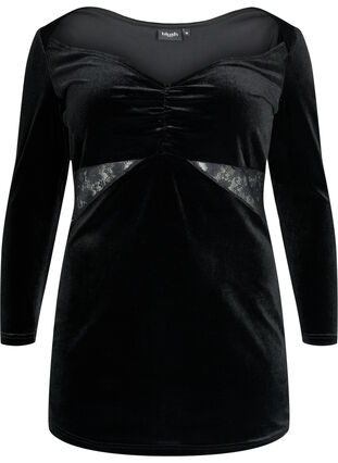 Korte velours jurk met kanten detail, Black, Packshot image number 0