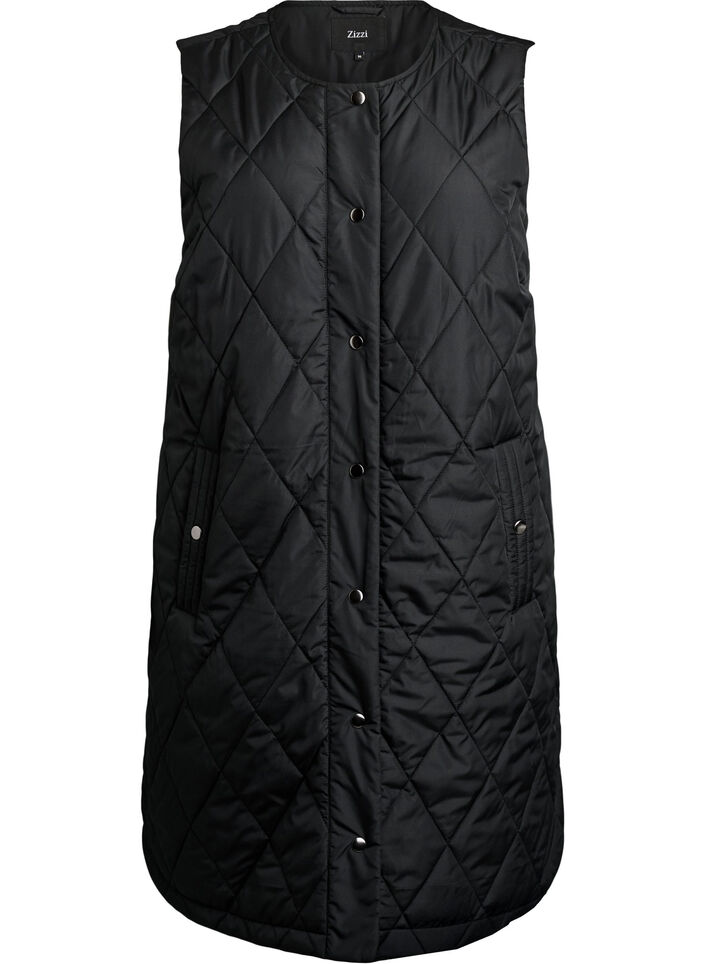 Lange gewatteerde gilet met drukknoopsluiting, Zwart, Packshot image number 0