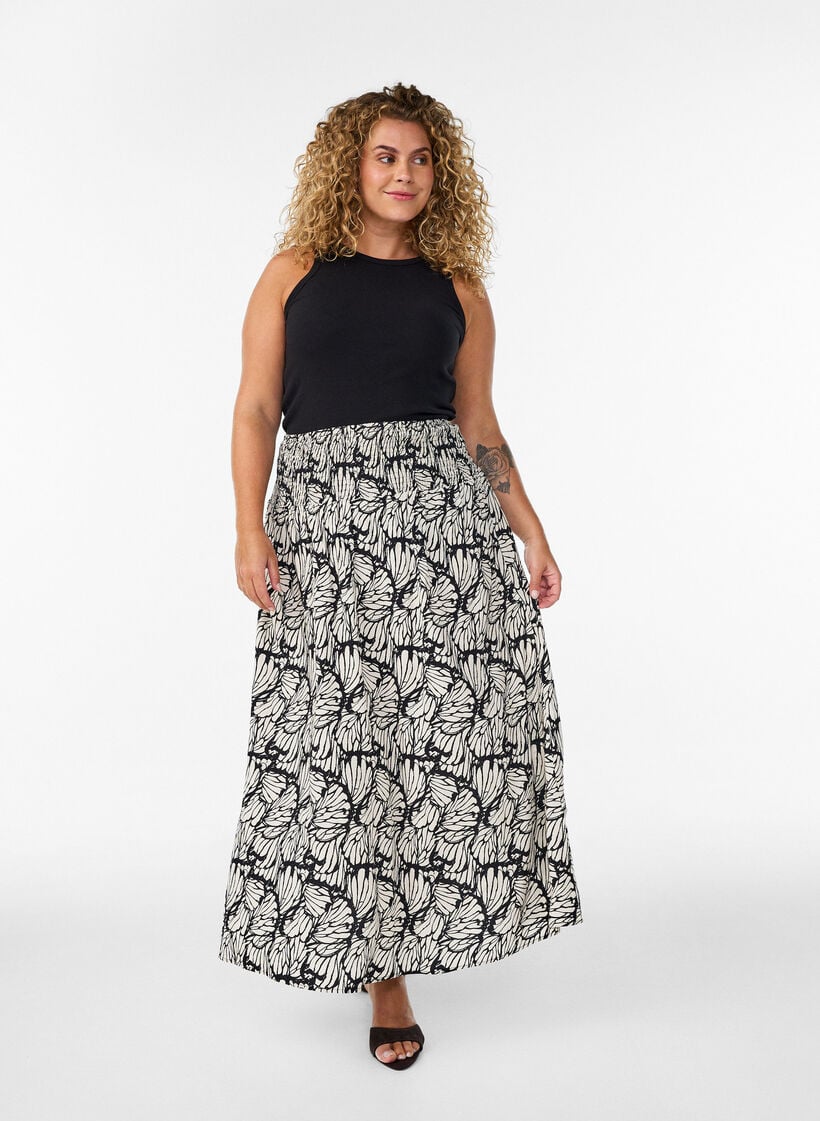 Viscose maxi-rok met smock, Zwart, Model image number 0