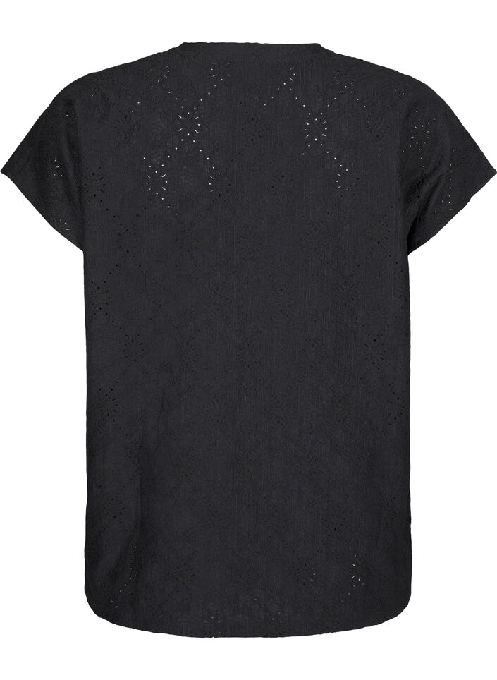 Blouse met korte mouwen en bloemenborduursel, Black, Packshot image number 1