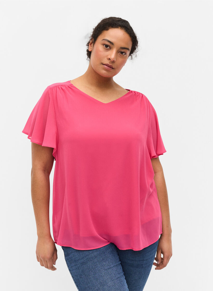 Blouse met korte mouwen, Magenta, Model image number 0
