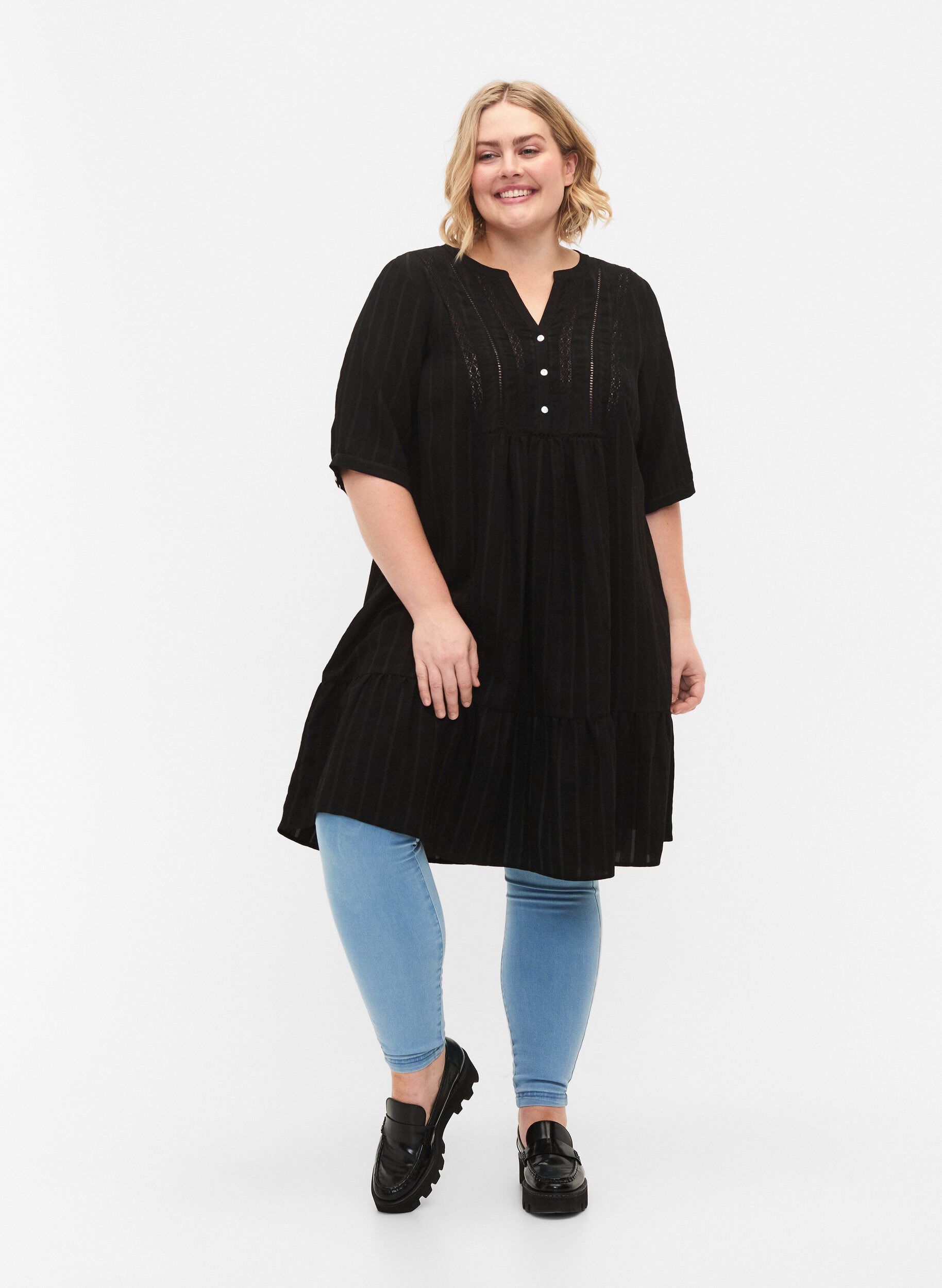 Zizzi Gestreepte viscose jurk met kanten lint, Black, Model image number 2