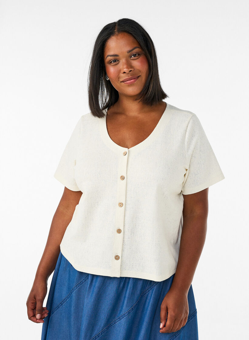 Katoenen blouse met structuur en knoopsluiting, Vanille, Model image number 0