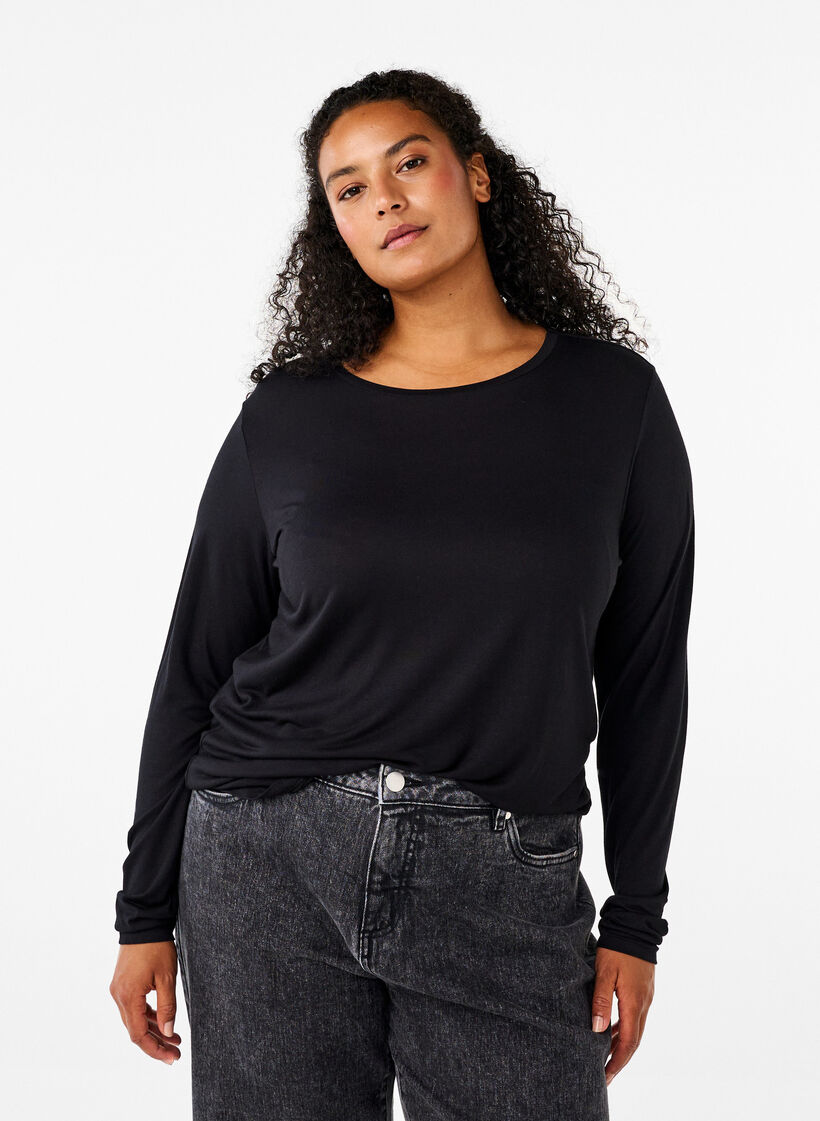 Blouse met lange mouwen van wol en viscose, Zwart, Model image number 0