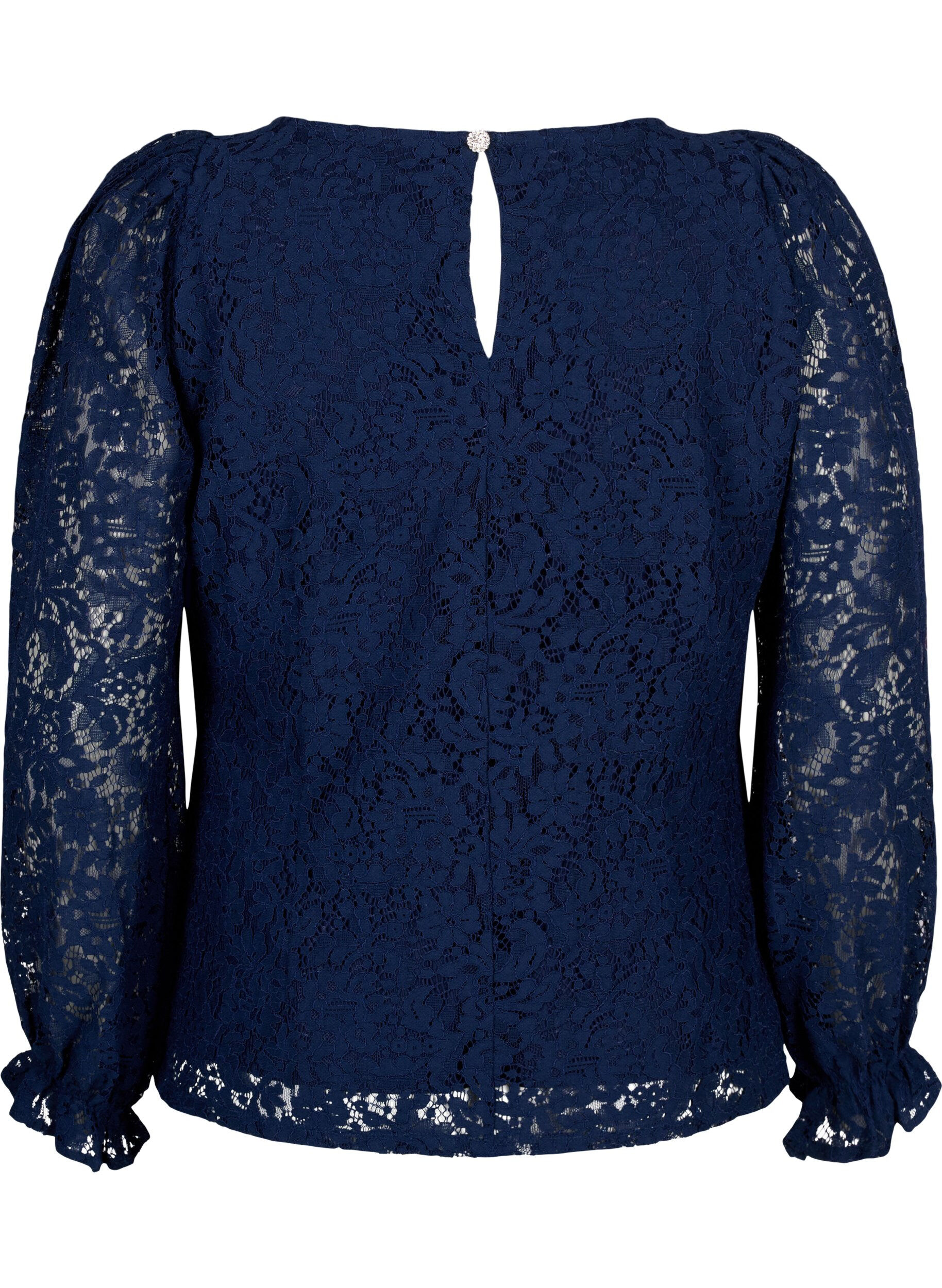 Zizzi Kanten blouse met lange mouwen, Navy Blazer, Packshot image number 1