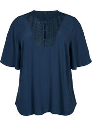 Viscose blouse met 1/2 mouwen en borduurwerk detail, Total Eclipse