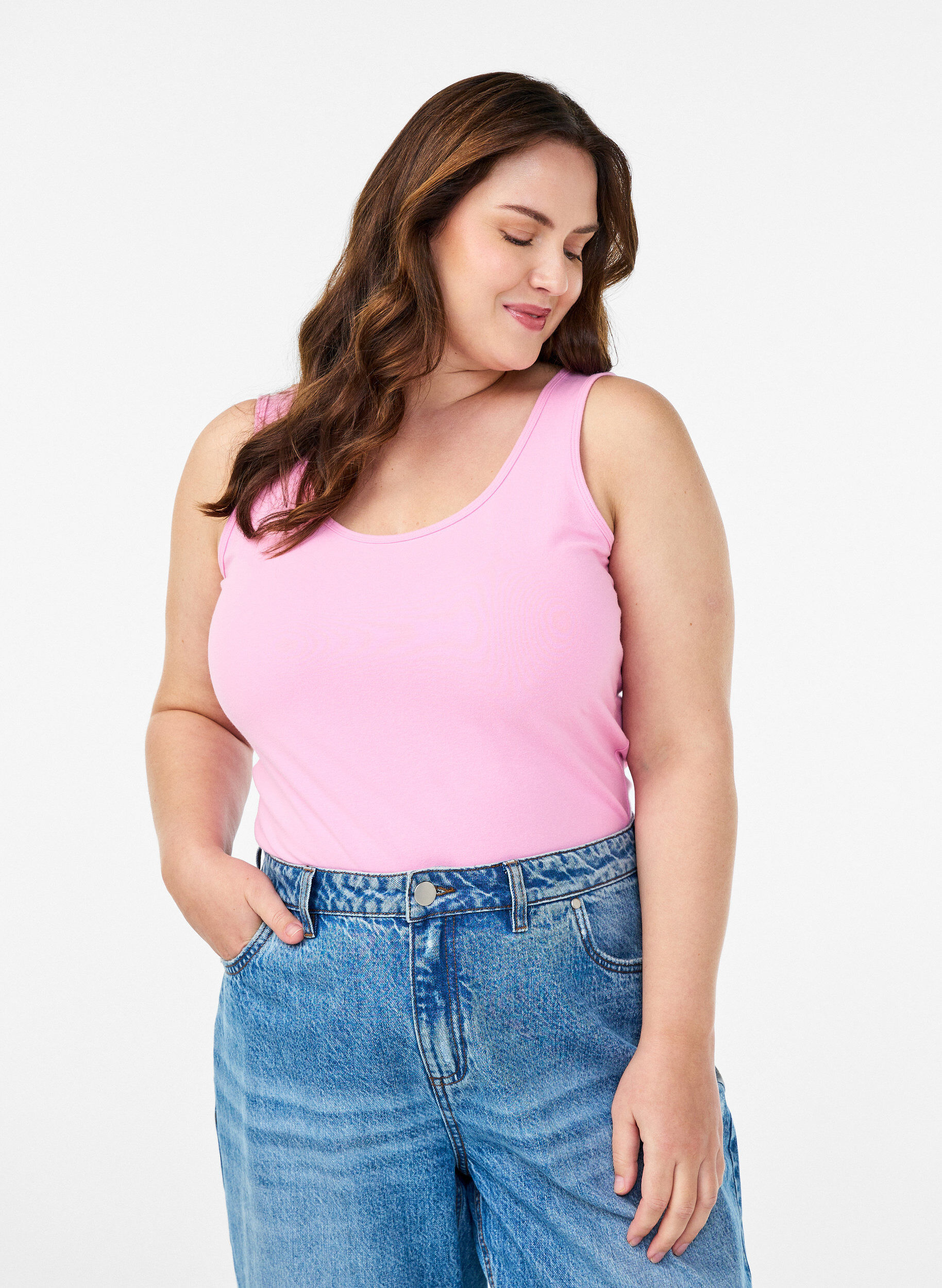 Solide kleur basis top in katoen, Roze, Model