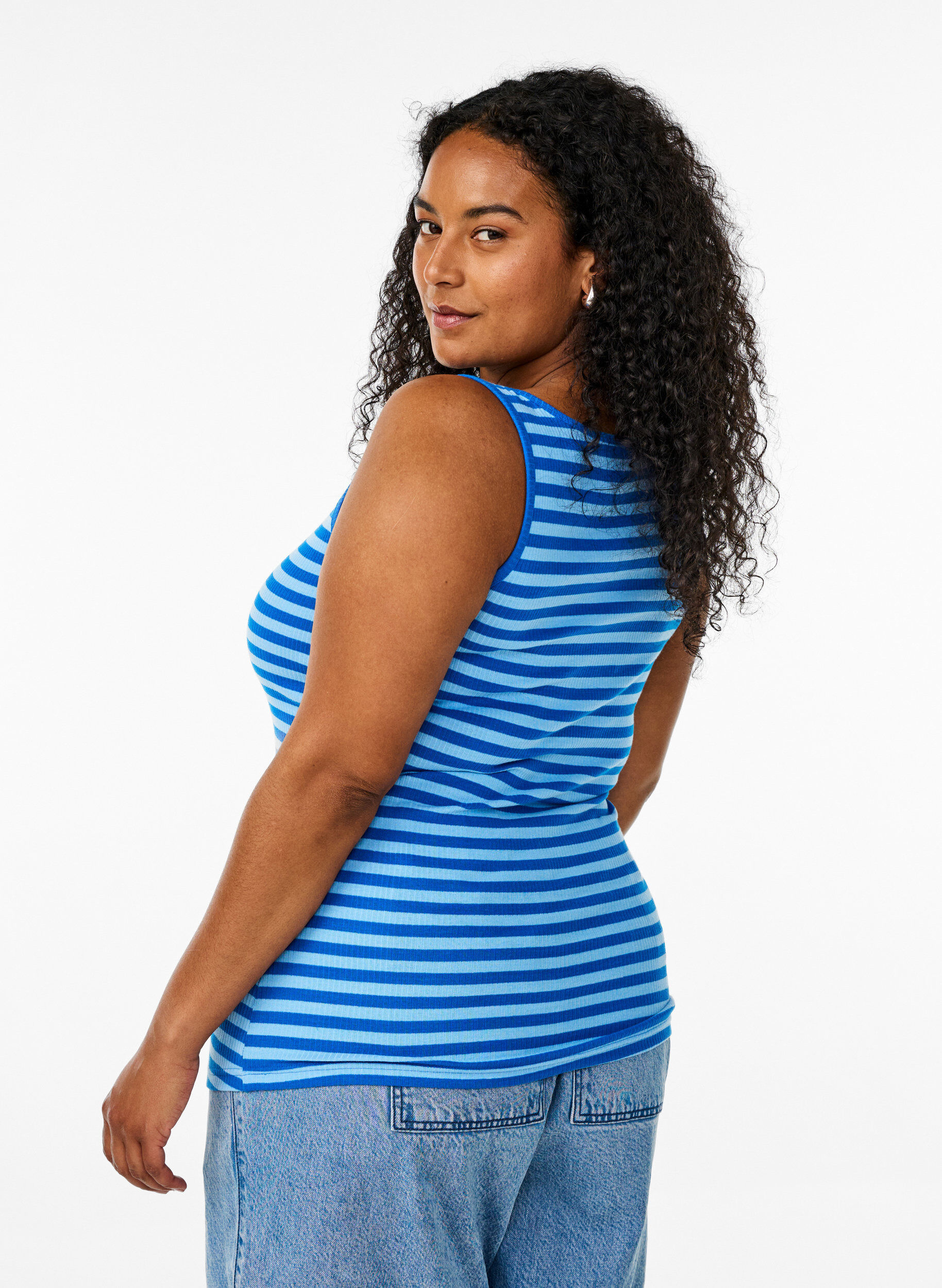 Zizzi Gestreepte tanktop met een ribstructuur, Blauw, Model image number 2