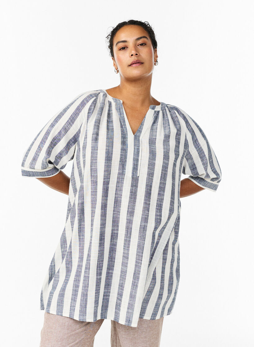 Katoenen tuniek met V-hals, Blauw, Model image number 0