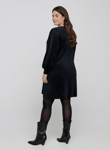 Velours jurk met lange pofmouwen, Black, Model image number 1