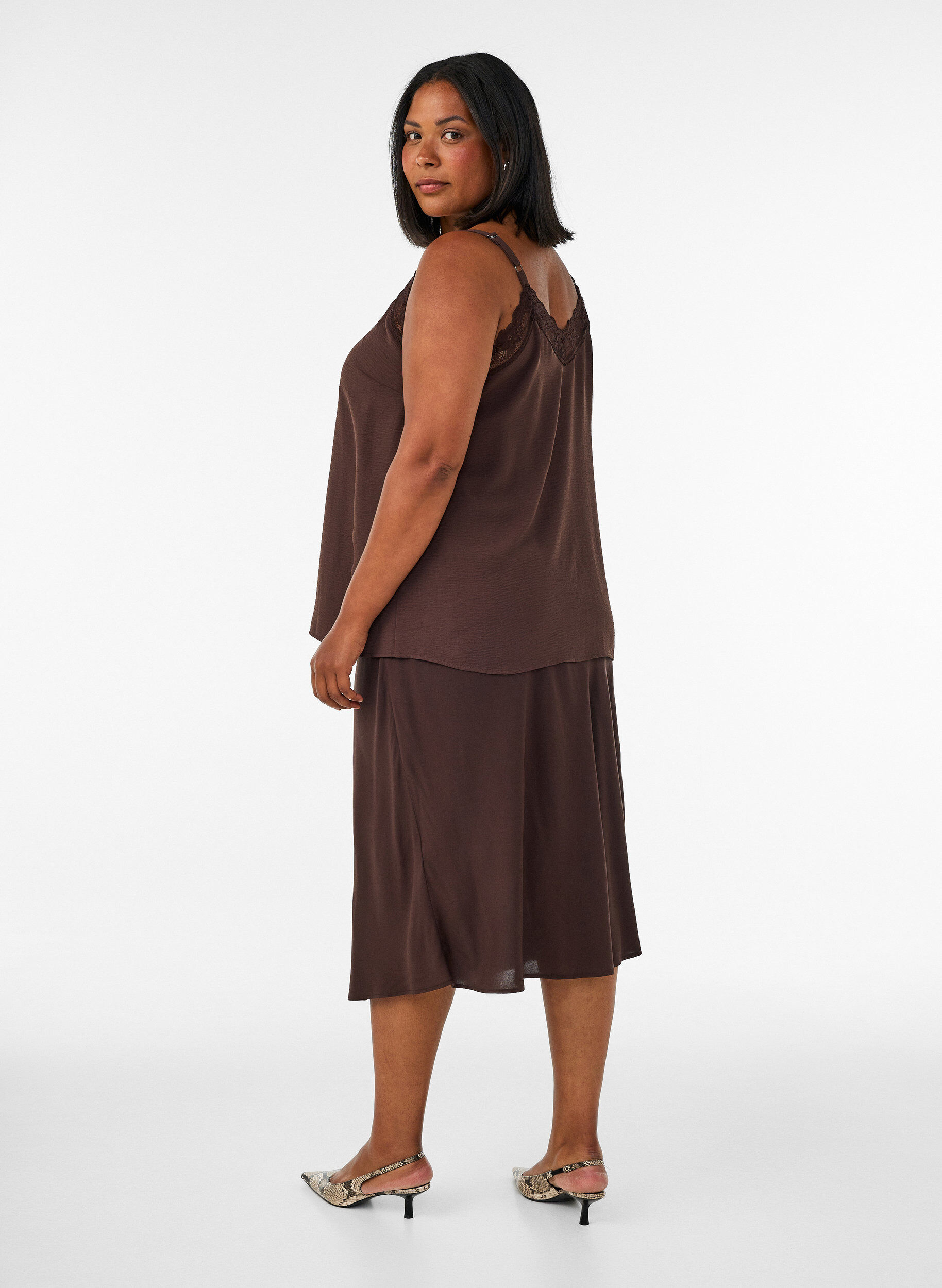 ZizziViscose rok met een elastische taille, Bruin, Model image number 2