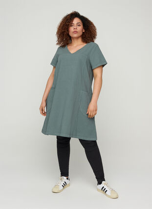 Katoenen jurk met korte mouwen, Balsam Green, Model image number 2