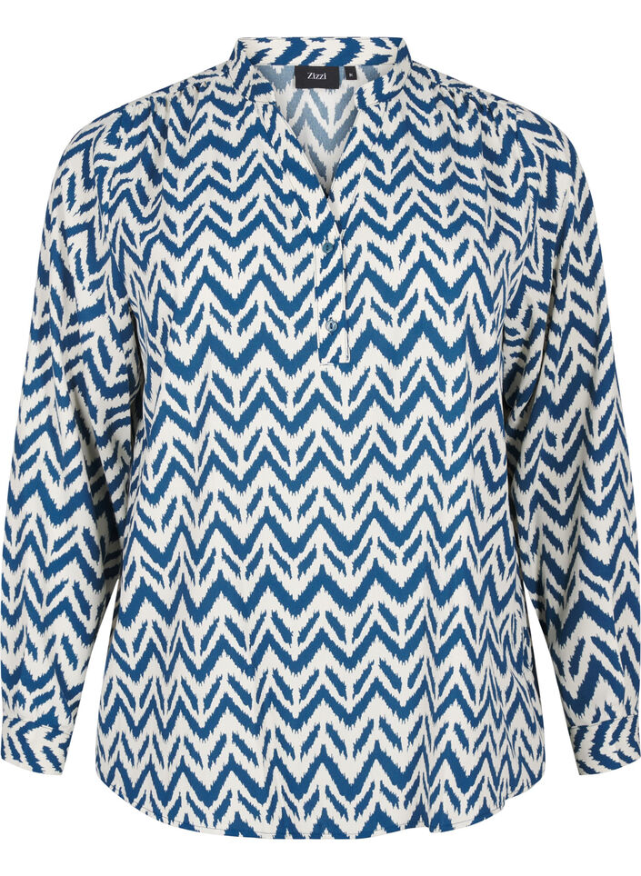 Blouse met lange mouwen en V-hals, OFF WHITE ZIG ZAG, Packshot image number 0