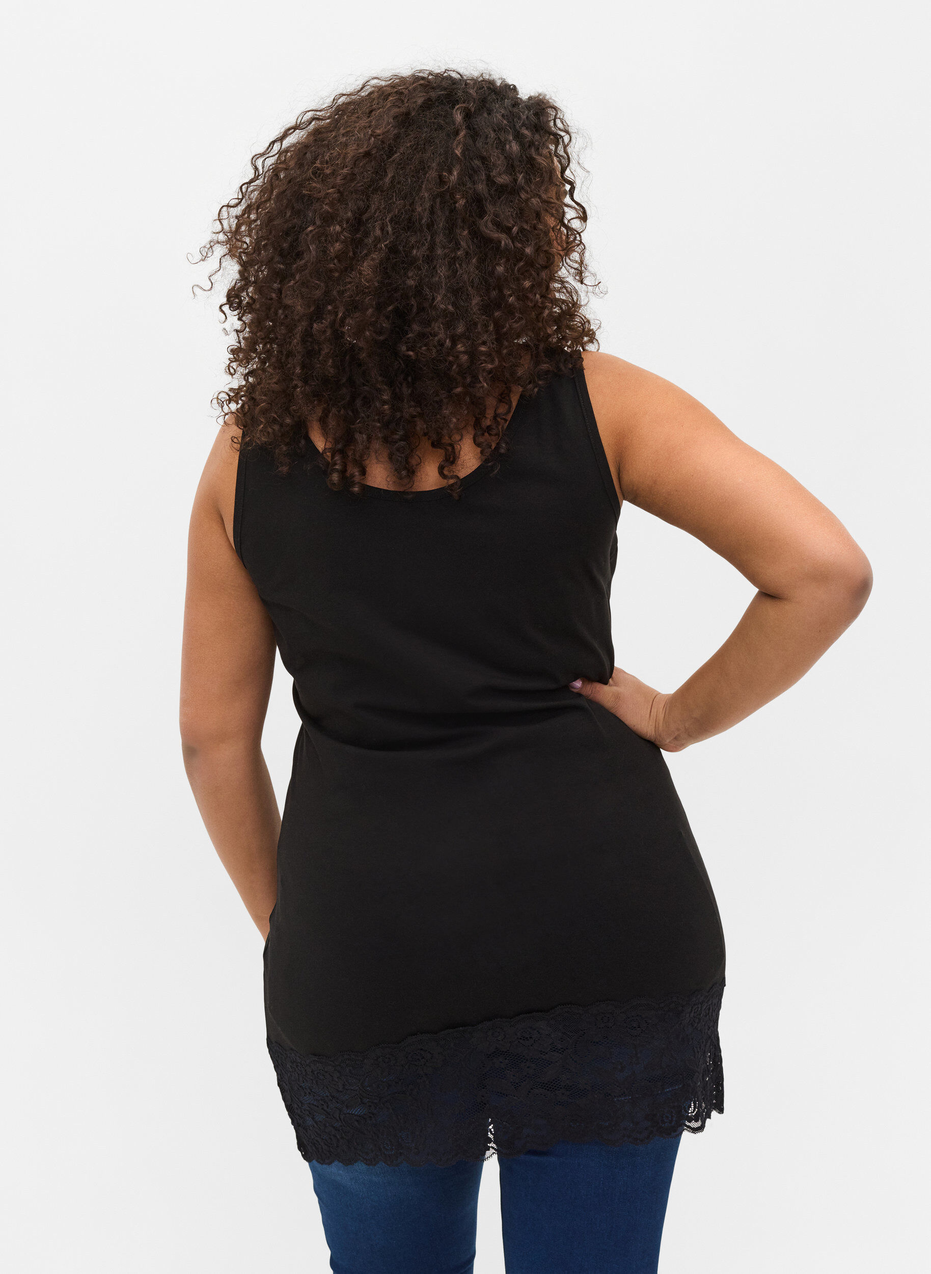 Zizzi Lange katoenen top met kanten rand, Black, Model image number 1