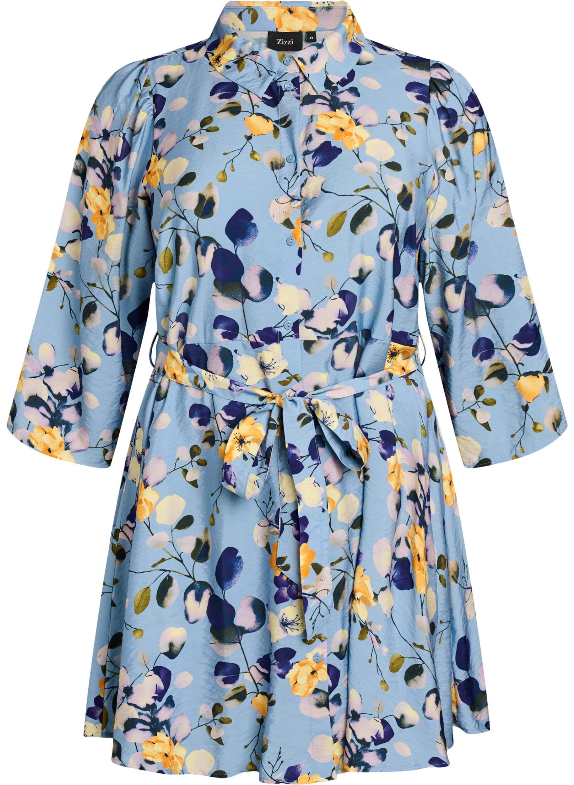 Zizzi Gedessineerde tuniek met strikceintuur en 3/4-mouwen, Blauw, Packshot image number 0