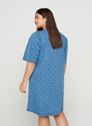 Gestippelde denim jurk met korte pofmouwen, Blue denim w. Dot, Model image number 1