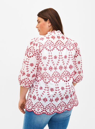 3/4 mouwen blouse met contrasterend broderie anglaise, White w. Red, Model image number 1