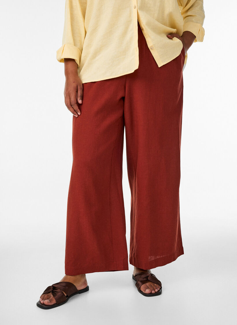 Wijde linnen en viscose broek, Rood, Model image number 2