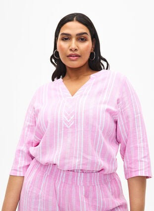 Gestreepte blouse in een mix van linnen en viscose, Rosebloom Wh.Stripe, Model image number 0