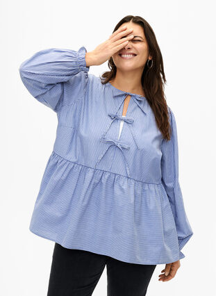 Gestreepte katoenen blouse met strik detail, Baja Blue Stripe, Model image number 0